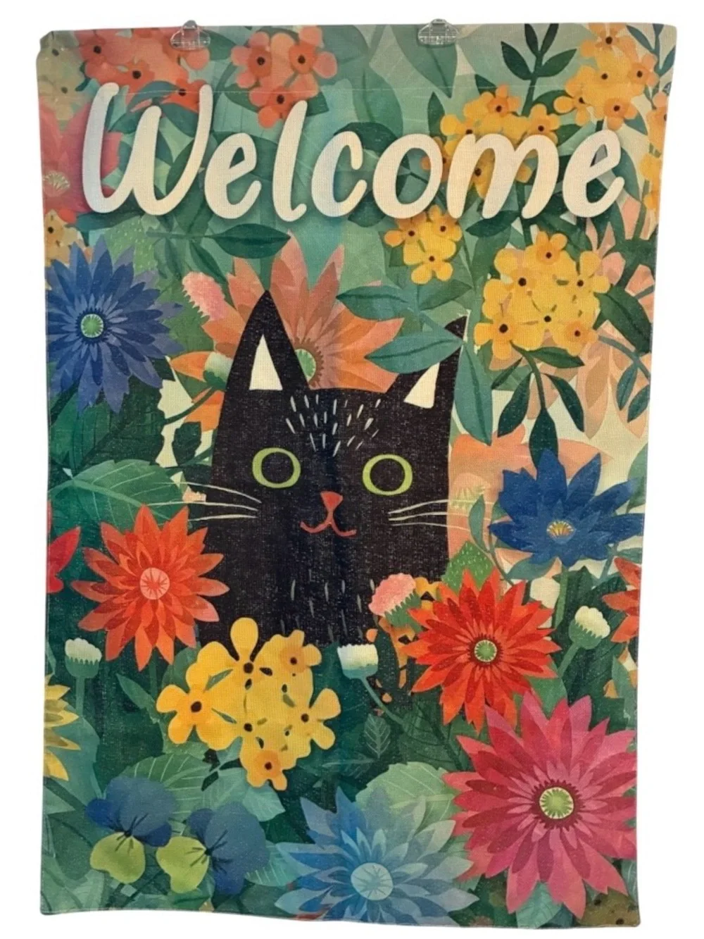 Large House Flag Black Cat Double Sided 26.5X 38 Colorful Flowers Fade Resistant
